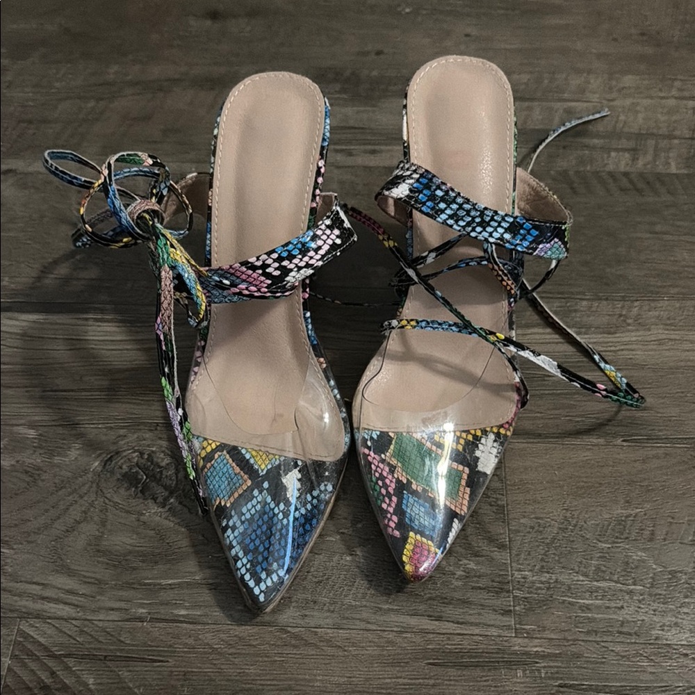 Fashion Nova Multicolor Snakeskin Lace-Up Pointed Heels